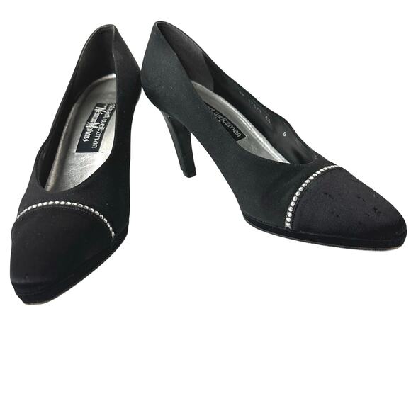 Vintage 80s/90s Stuart Weitzman for Neiman Marcus Black Satin Rhinestone Heels 8 - Picture 2 of 13